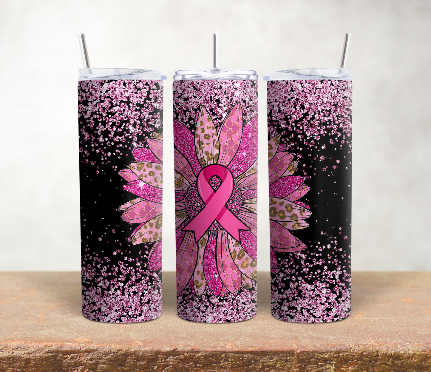 Black and Pink Rhinestone Breast Cancer Ribbon Tumbler