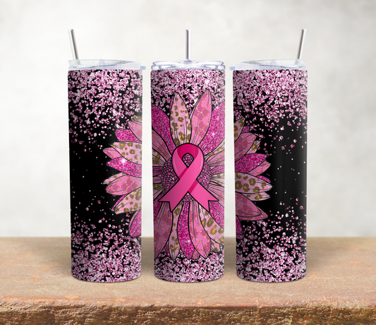 Black and Pink Rhinestone Breast Cancer Ribbon Tumbler